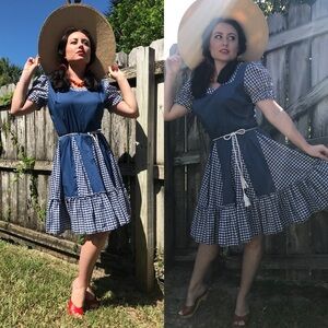 Cute vintage blue gingham check print dress cowgirl fair rodeo square dance S M
